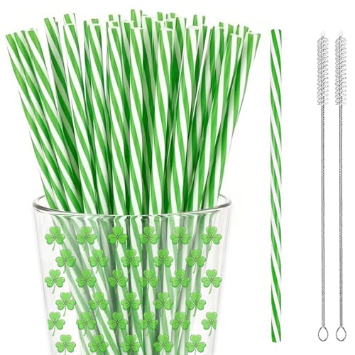 50 Reusable Xmas Green and White Striped Straws for Christmas,St.Patrick