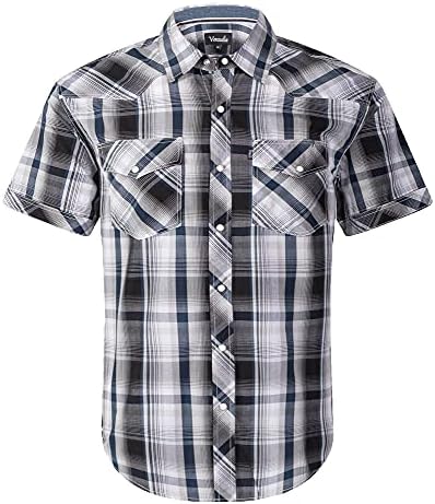 Men's Western Snap Casual Shirt Two Pocket Short Sleeve Shirt(Blkbluewht, M)