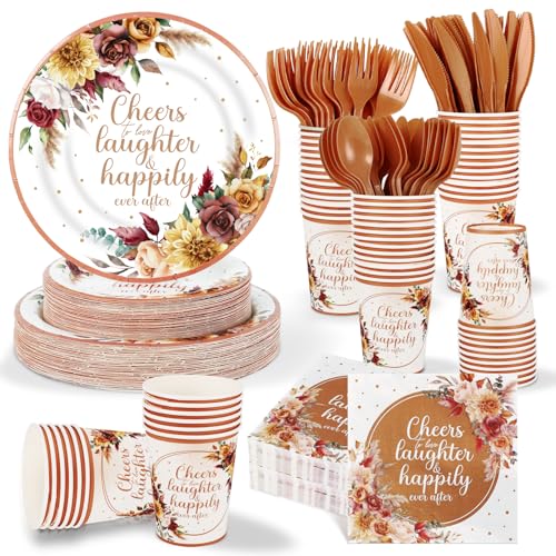 350 Pcs Boho Fall Wedding Bridal Shower Paper Plate Autumn Vintage Rose Pampas Grass Disposable Tableware Set With Knives Fork Cheers to Love Bachelorette Party Favor for 50 Guest