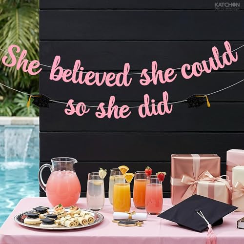 Image of KatchOn Medical College 2026 Graduation Party Decorations 10 Feet Glitter She Believed She Could So She Did Banner, Pink You Did It Banner, Pink Graduation Decorations 2026