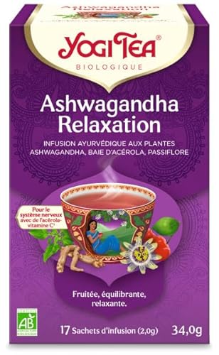 YOGI TEA – Ashwagandha Relaxation Bio – Infusion Relaxante Sans Caféine – Mélange de Ashwagandha, Baie d'Acérola & Passiflore – Équilibre & Détente – 17 Sachets