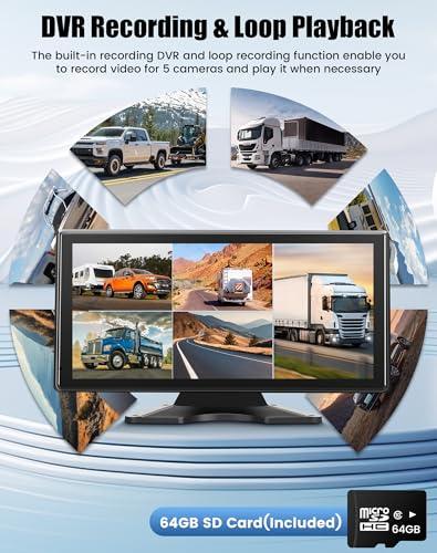 Image of 10.36 inch Wired Backup Camera System for Truck RV Trailer, 5 Channel Dash Cam with 5 1080P Camera, Touch Screen Monitor, No Delay Signal, DVR Loop Recording, Blind Spot Detection, IP69 Waterproof, 64GB