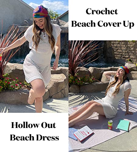 AOLRO Women's Swim Coverups Crochet Hollow Out Short Sleeve V Neck Beach Swimsuit Bathing Suit Cover Up Dresses S-XXL3