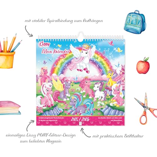 Lissy Pony - Lissy Pony Kalender 2026 – Bastel- und Rätselkalender 31×31 cm mit 53 Blättern & Glitzerstickern, Kreativkalender für Kinder