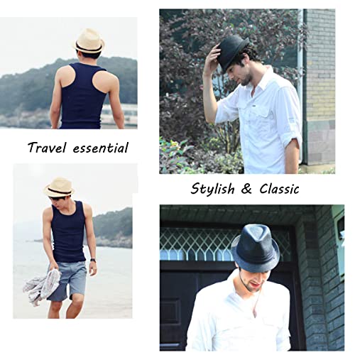Image of SIQITECHNO Straw Fedora Sun Hat Straw Cowboy Hat for Women Men Classic Short Brim Fedora Trilby Roll Up Panama Jazz Beach Cap
