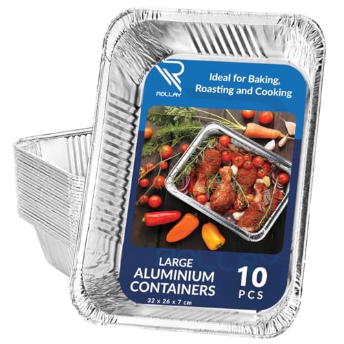 Rollay 10 Pack Large Aluminium Foil Trays Deep (32x26x7 cm) - Tin Foil Trays Containers for Cooking Baking Broiling Roasting BBQ and Party (3500ml)