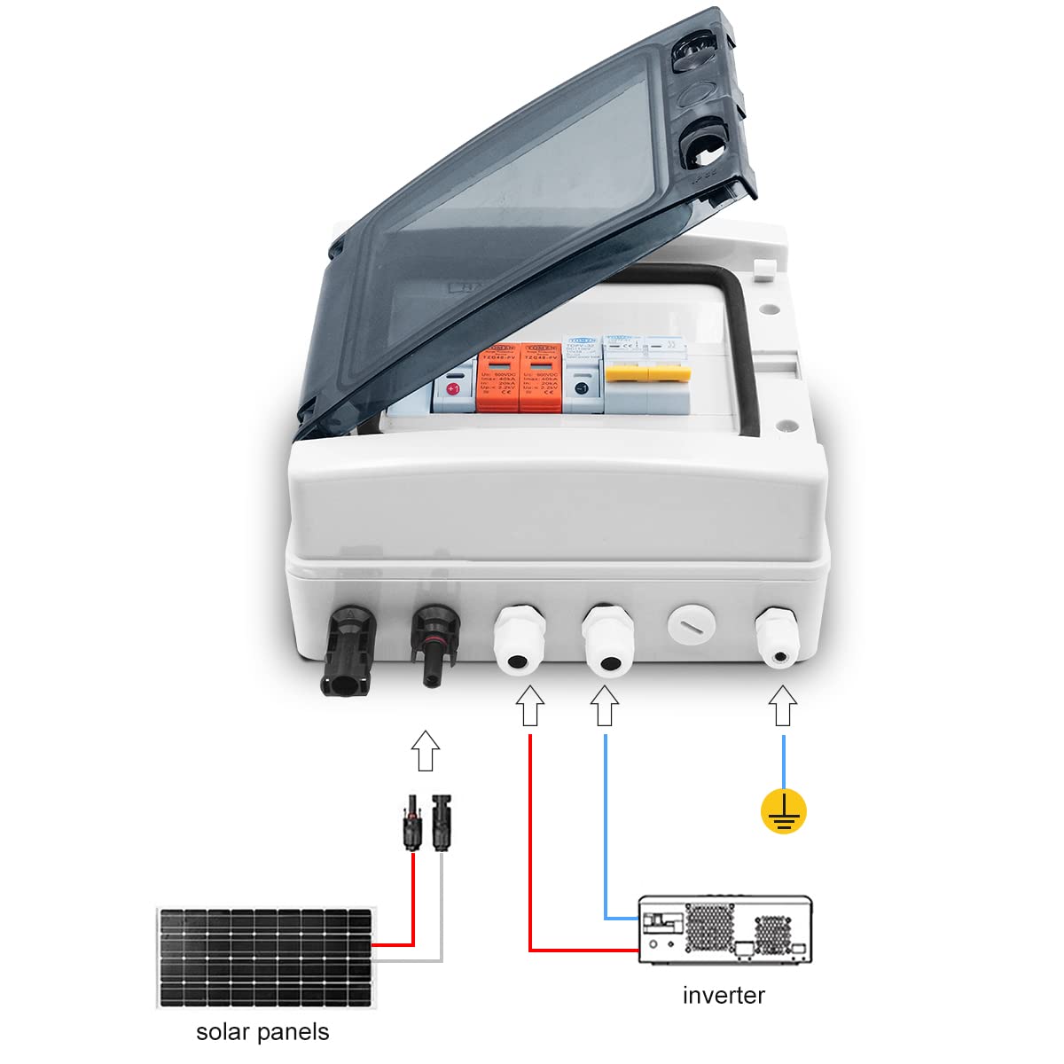 Cuadro Electrico Superficie,Unidad de Consumo Caja combinadora Solar fotovoltaica con protección contra Rayos, 1 Entrada, 1 Salida, Fusible DC 600V, MCB SPD, Caja Impermeable(32A DC MCB)