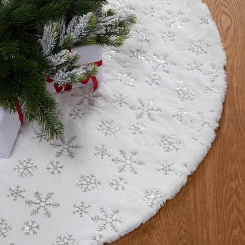 122cm White Christmas Tree Skirt, Plush Faux Fur Round Christmas Tree Skirt, Silver Sequin Snowflake Christmas Tree Skirt, Reusable Xmas Tree Base Cover for Parties, Holidays, Home, Christmas
