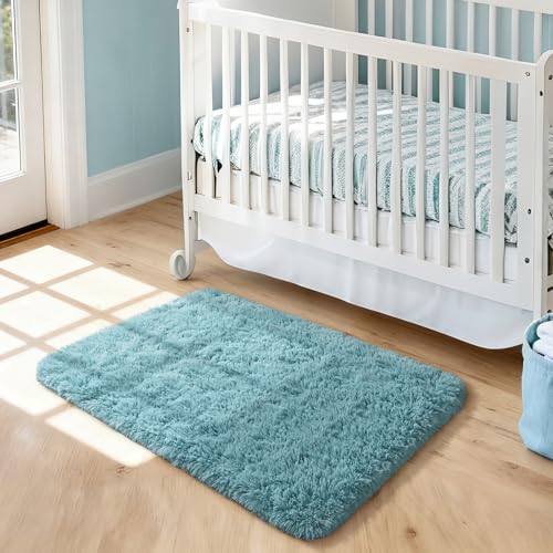 Merelax Modern Soft Fluffy Small Shaggy Rug for Bedroom Livingroom Dorm Kids Room Indoor Home Decorative, Non-Slip Plush Furry Fur Area Rugs Comfy Nursery Accent Floor Carpet 2x3 Feet, Turquoise Green