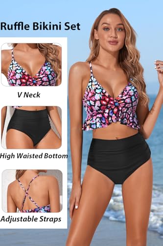 Image of Tempt Me Women High Waisted Ruffle Bikini Set Two Piece Swimsuits Flounce Tummy Control Bathing Suit
