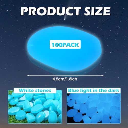 Image of Landical 1.8 Inch 100 Pcs Large Glow in The Dark Rocks Garden Stones Night Guide Pebbles Outdoor Fish Tank Rocks Aquarium Gravel Luminous Stones for Walkway Yard Succulent Plant Decor (Light Blue)