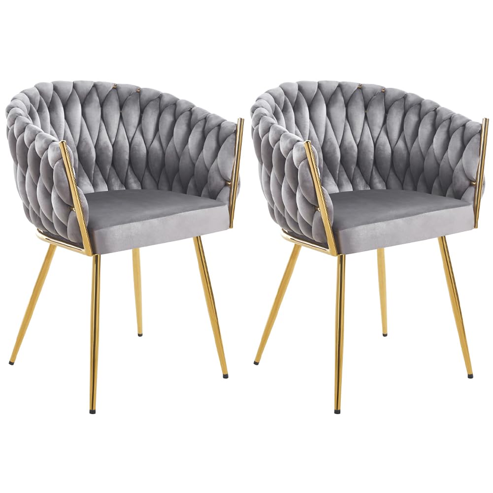 Shally Dogan Juego de 2 sillas para comedor con revestimiento de terciopelo y acolchado ergonómico de altísima densidad, silla de cocina, salón u oficina, con pies dorados, diseño moderno (color gris)