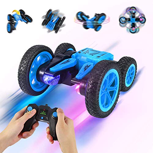 RC Stunt Car, 2.4GHz 4WD Kids Remote Control Car, 360 Degree Spins Double Sided Driving Rc Car Rechargeable with LED Headlights (Blue)