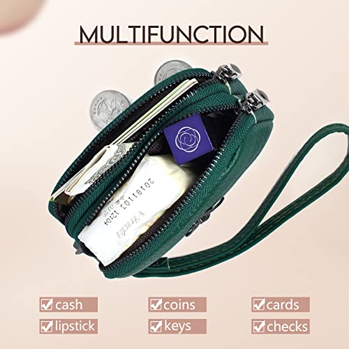 Imeetu Women Leather Coin Purse, Small 2 Zippered Change Pouch Wallet(Green, Wrist Strap) #TOP1