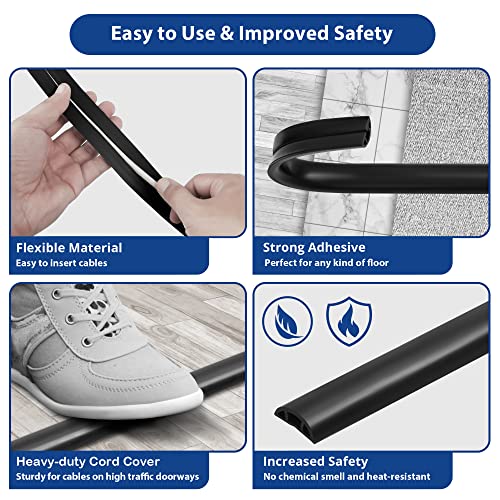 Cubrecables de piso de 10 pies, protector de cables negro, sistema de gestión de cables para evitar tropiezos, cubre cables para cables eléctricos, protector de cables con canal W0,47 pulg x H0,28 pulg miniatura 6