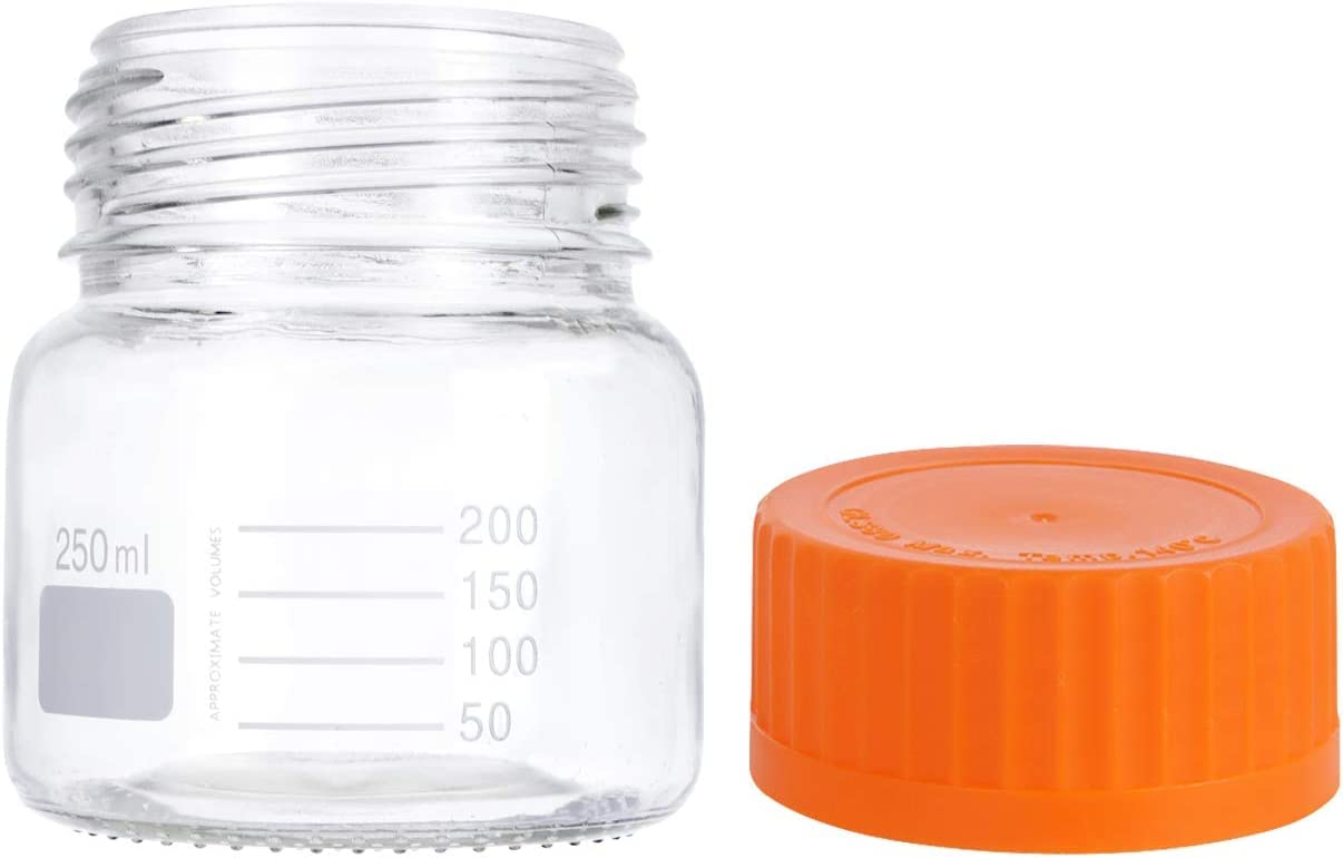 Lab Media Storage - Botellas de boca ancha graduadas GL80 con tapa de rosca a prueba de fugas, multiusos, para científicos, paquete de 6 (naranja, 250 ml)