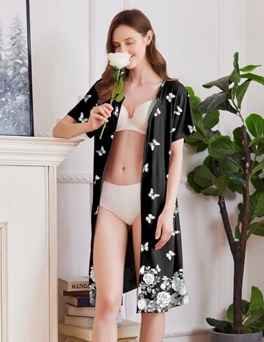 Image of Ekouaer Women Robes Lightweight House Coat Short Sleeve Floral Print Mumu House Dresses with Pockets Zipper Nightgowns