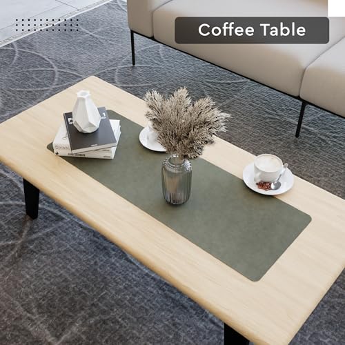 Image of Encasa XO Leather Dining Table Runner | Water & Heat Resistant Double-Layer Runners with Suede Top | Wipeable & Durable Table Runner for Centre Table | 30x85 cm - Olive