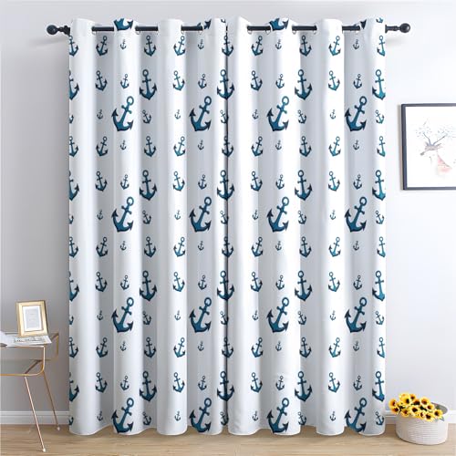 SZLYZM Vorhänge Anker Nautisch, Verdunkelungsvorhang 2er Set - Vorhang Blickdicht Maritim Muster, Thermovorhang für Deko Wohnzimmer Schlafzimmer, Gardinen mit Ösen 245x140 cm (HxB)