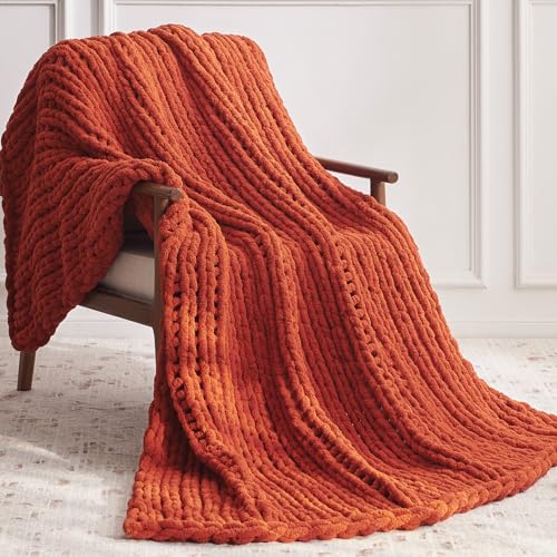 Negwoo Grobstrick-Überwurfdecke, 127,7 x 152,4 cm, gestricktes Chenille-Garn für Bett, Couch, handgefertigt, orange, gehäkelt… – Ansicht 2