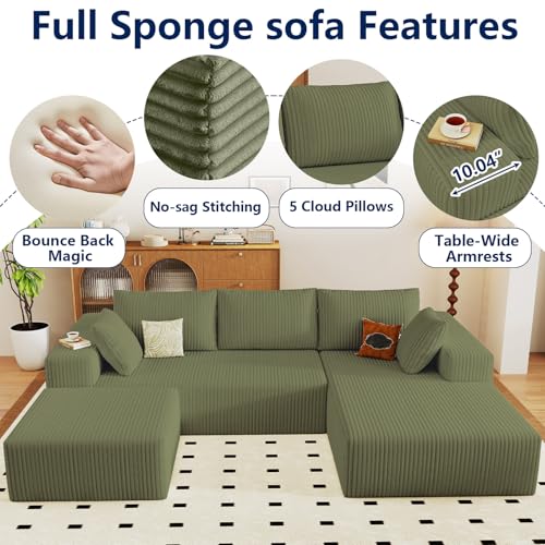 Image of 96 inch Modular Sectional Sofa with Ottoman, Modern Corduroy Cloud Couch with Deep Seat, Boneless Couch Upholstered 3-Seater U-Shaped Sofa for Living Room, No Assembly (Green, Right-Facing Chaise)