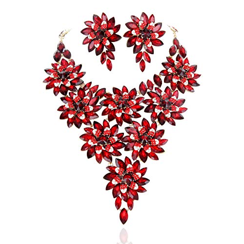 SP Sophia Collection Austrian Crystal Daisy Floral Vine Necklace and Clip On Earring Set in Red