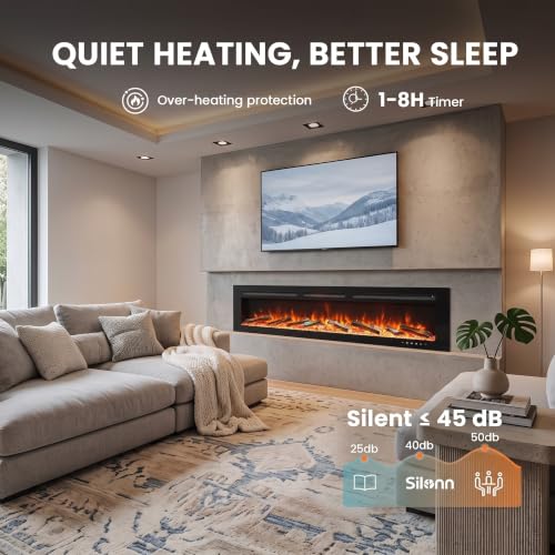 Image of Silonn 50-Inch Electric Fireplace Heater, Recessed or Wall-Mounted, 20 Flame Colors, 1400W Heat, WiFi-Enabled App & Remote Control, Timer, Black