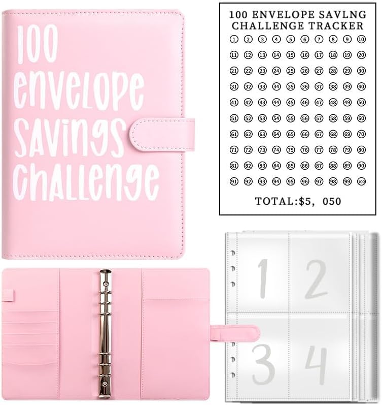 Budget Binder, 100 Envelope Challenge Binder, Easy and Fun Way to Save $5,050, Savings Challenges Budget Book Binder with Cash Envelopes for Office,Home,School (Pink)