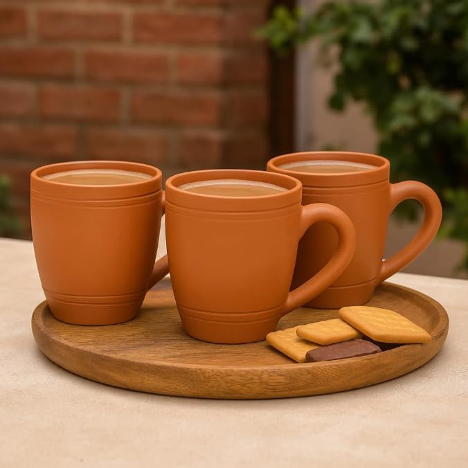 Image of Clay Coffee Mugs Set of 2 with Handle | Handmade Terracotta Tea Cups 375 ml | Natural Earthen Kulhad Mug for Tea, Coffee, Milk & Beverages | Eco-Friendly Mitti Cup Set for Home & Office Use