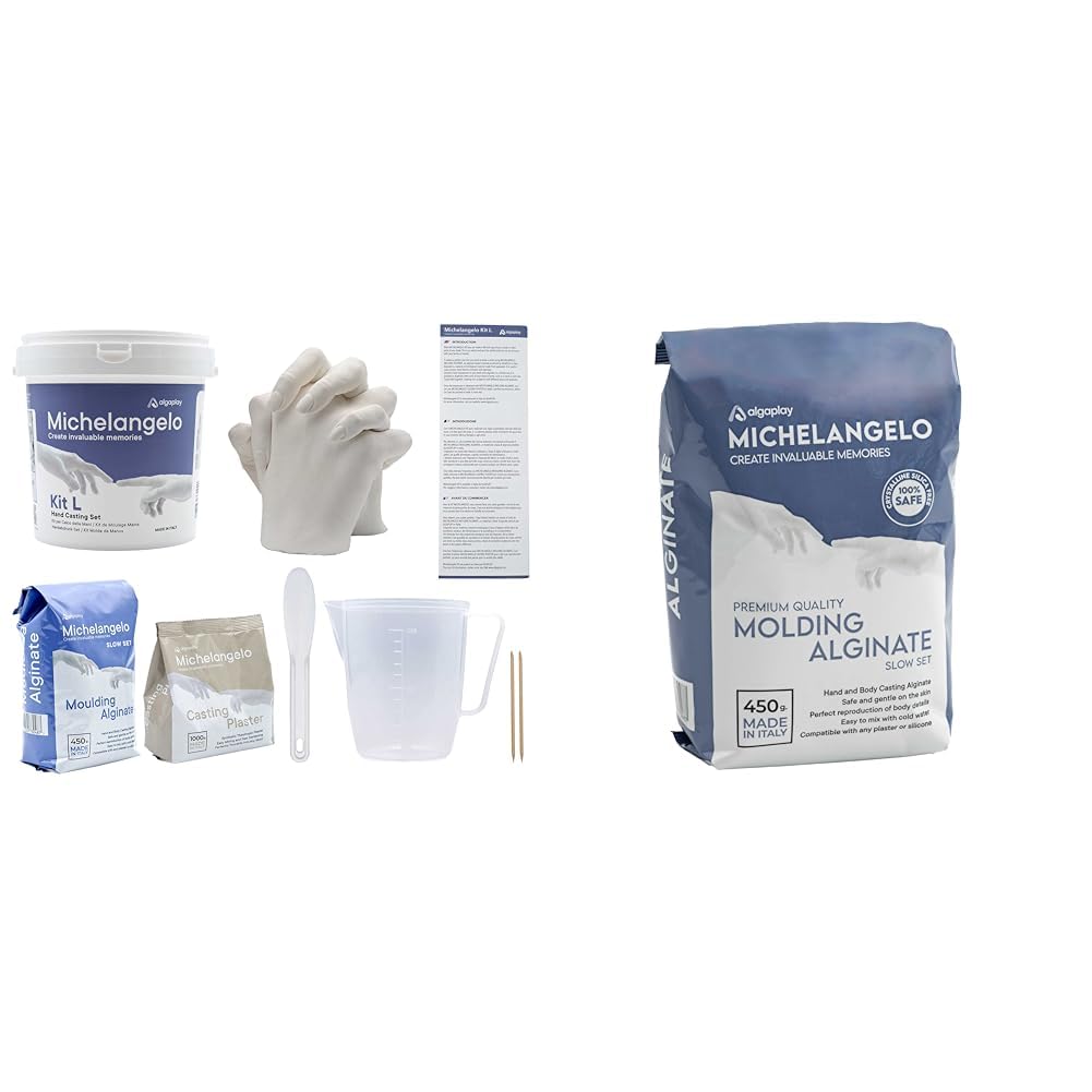 Michelangelo KIT L 2 MANOS, para crear una escultura de manos de adultos o de niños con familiare & Michelangelo Moulding Alginate Slow Setting (450 g.)