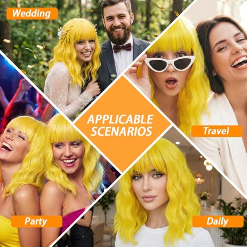 Image of Pastel Yellow Wavy Bob Wig for Women, Short Shoulder Length Synthetic Wig with Bangs, Matte Natural Realistic Look Lightweight Hairpiece, Yellow Color for Daily Wear & Cosplay Costume