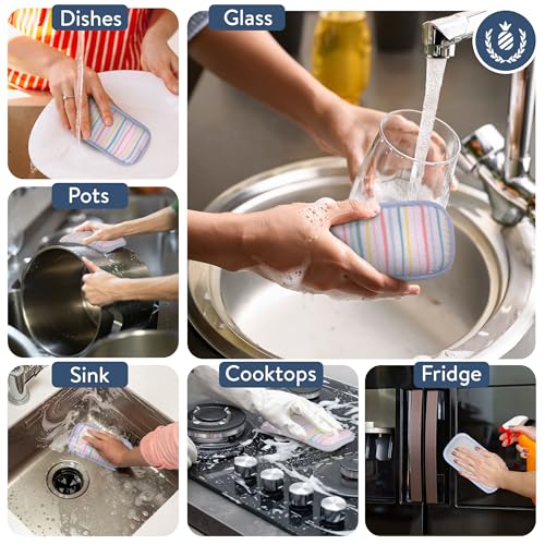 Image of Simplified 5-Pack Scrub & Wipe 2-in-1 Dishwashing Sponges - Non-Abrasive Cleaning Sponges, Double-Sided - Safe for Dishes, Non-Stick Pans or Glassware, Absorbent Dish Sponges, Rainbow Stripe