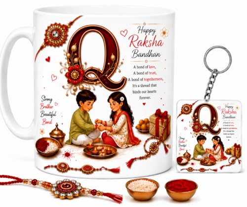 Image of Raksha Bandhan Alphabet Q Coffee Mug with Matching Square Keychain | Includes Rakhi, Roli & Chawal | 350 ML Ceramic Printed Cup | Brother Sister Festival Collection