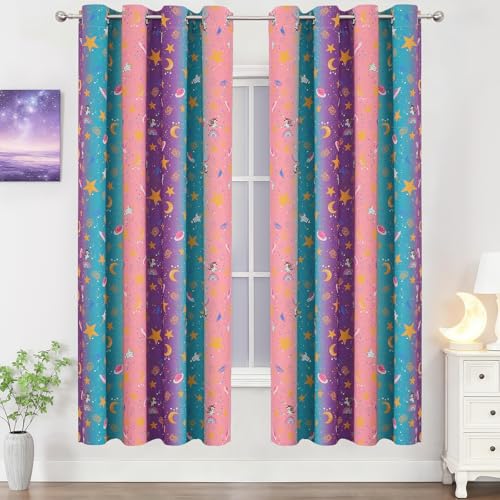 Image of Pink Purple Teal Unicorn Blackout Curtains 72 Inch Length for Kids Bedroom
