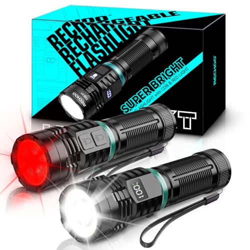 RECHOO Rechargeable Flashlights High Lumens, Dual-Switch LED Flashlight Rechargeable, 8 Lighting Modes Waterproof COB Red Light Flashlight for Camping, Hunting, Emergency, Gifts for Men