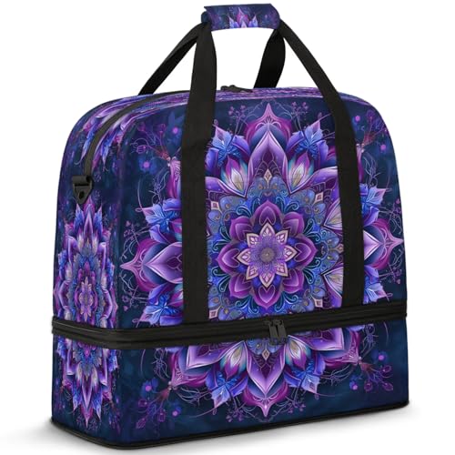Large Weekender Overnight Bags Travel Duffel Bag for Women Men Purple Ethnic Mandala Gym Bag With Shoe Compartment Foldie Travel Tote Bag Carry On Personal Item Bag for Travel Gym Sports
