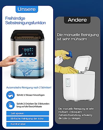 Foto von Eiswürfelbereiter Edelstahl,13kg,24Stunden,Eiswürfelmacher Klein, mit LED-Anzeige und 2L Wassertank,Selbstreinigungsfunktion,2 Eiswürfelgrößen,Eismaschine mit Eisschaufel und Korb,für Party,Büro