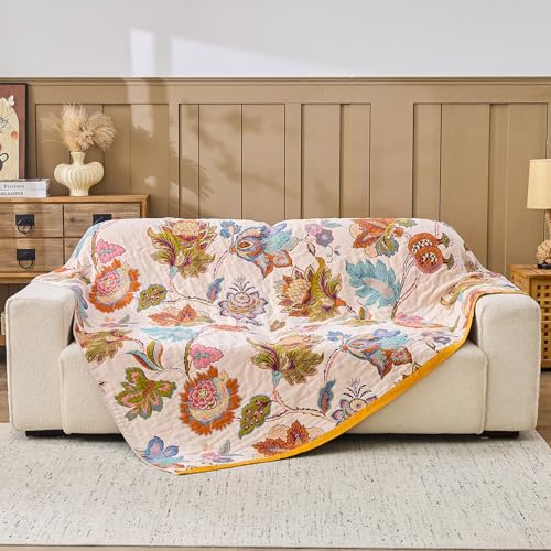 Image of XIBLC Boho Throw Blanket 100% Cotton Vintage Blanket Muslin Woven Flower Decorative Throw Blankets All Season Bohemian Rustic Farmhouse Decor Quilt for Bed (Beige 90 inchx98 inch)