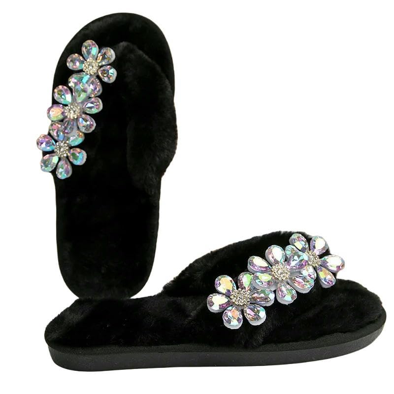 Slippers Women'S Rhinestone Floral Flip Flops Indoor Open Toe Slip-On Cotton Slippers Plush Slippers-Black-40-41