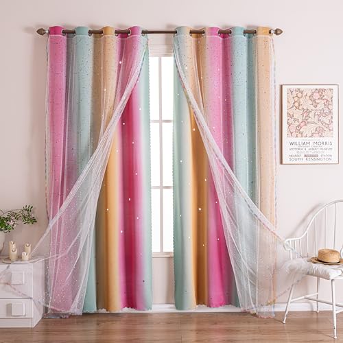 Image of 52x72 Kids & Girls Rainbow Ombre Double Layer Star Cutout Blackout Curtains with Foil Print Sheer, 2 Panels Set - Orange Green Magenta