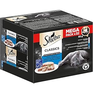 Sheba Classics in Pastete- Feinstes Katzennassfutter in der Schale – Fisch Variation (MSC) mit Lachs, Weißfisch, Thunfisch und Kabeljau – 32 x 85g