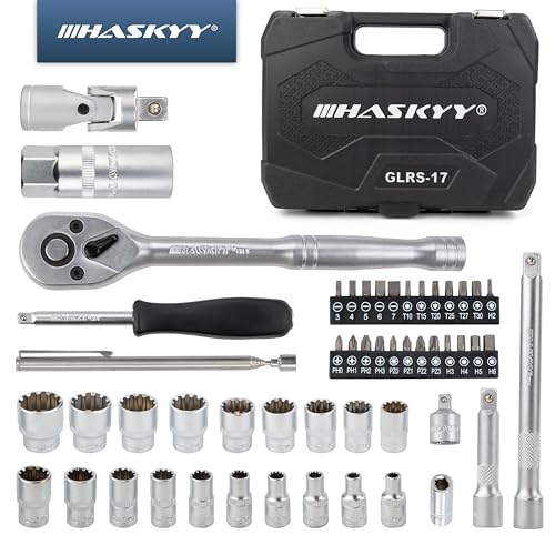 Miniatura 9 de Haskyy Juego De Llaves De Vaso Profesionales, Llave De Carraca Reversible De 1 4 Y 3 8 , Trinquete De Torx-Xzn-E-Profile Set, Kit De Herramientas Mecánicas Para El Auto, 52 Piezas