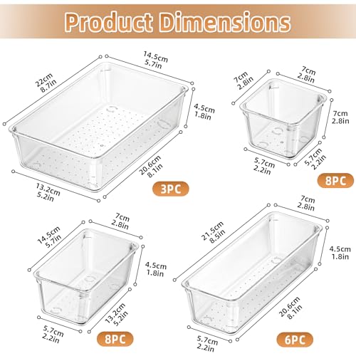 TranRantic 25 Stück Schubladen Organizer Durchsichtig, 4 Größen Make Up Schubladeneinsatz Ordnungssystem, Vielseitig Schubladenorganizer für Schminktisch, Küchen, Büro, Schreibtisch