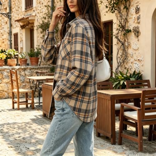 Khaki Plaid Shirts for Women Button Down Fashion Jacket with Chest Pocket - image 3