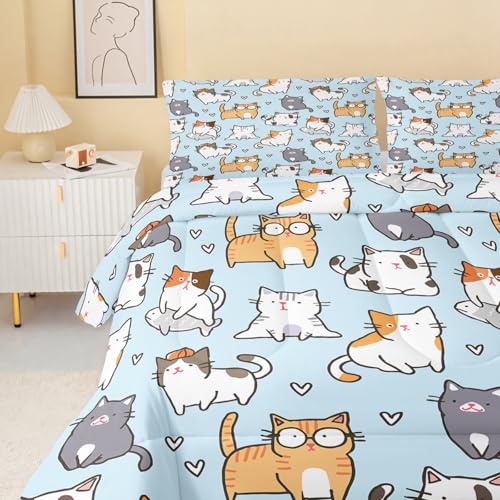 Image of QOOMO Cartoon Cat Kids Comforter Set, Cute Animals Print Bedding Set Twin Size for Room Decoration, Blue Soft Lightweight Bed Set All Season,1 Comforter Set 2 Pillowcases