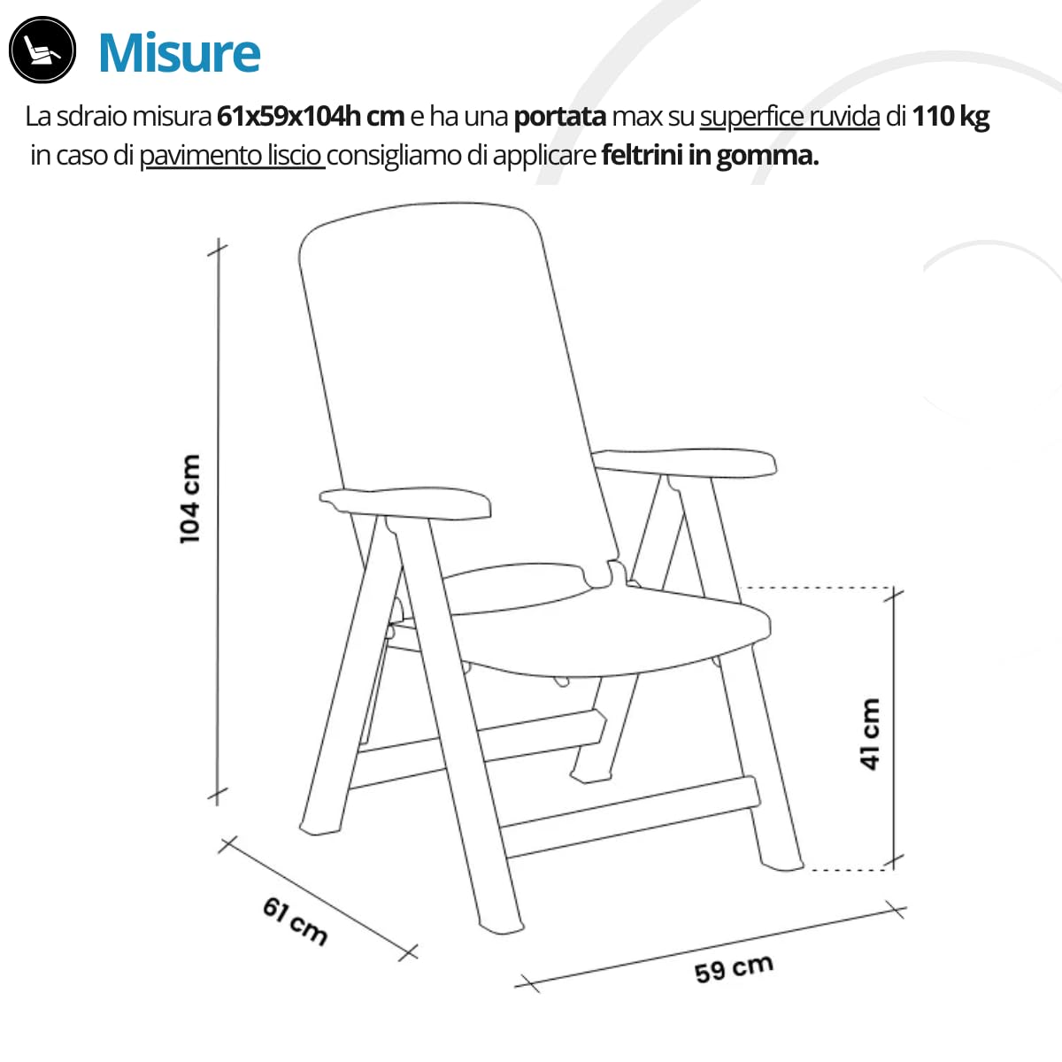 Tomaino Sdraio da giardino pieghevole in plastica - Poltrona per esterno, casa, campeggio reclinabile - 5 posizioni- Con braccioli (Nero)