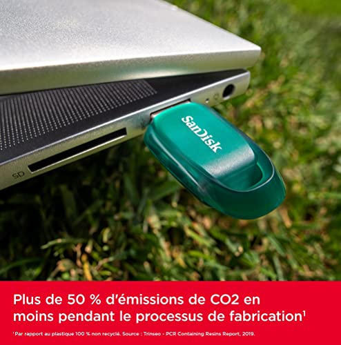 SanDisk Ultra Eco 128 Go clé USB 3.2 avec vitesse de lecture allant jusqu’à 100 Mo/s. Une clé USB fabriquée avec plus de 70 % de plastique recyclé