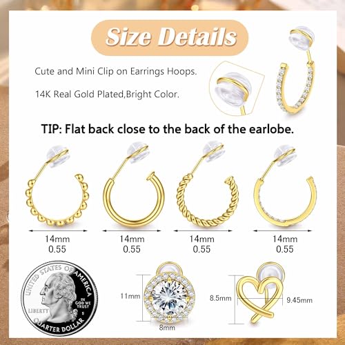 Sanfenly Clip On Earrings for Women 14K Gold Plated Non Pierced Gold Clip On Hoops Earrings Small Cute Chunky CZ Heart Adjustable No Piercing Earring Hypoallergenic Fake Earrings Set(12 Pcs Gold/Silver)2