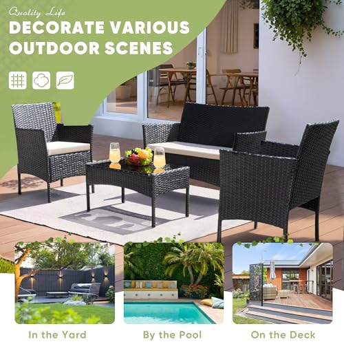 image for Greesum Patio Furniture 4 Pieces Conversation Sets Outdoor Wicker Ratt