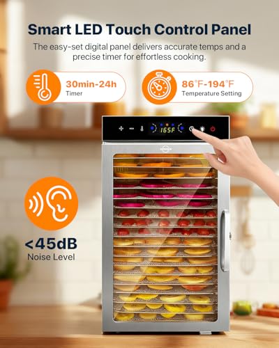Image of Food Dehydrator Machine 18Tray, 800W Dual Fan Fast Drying, 24H Timer, 86-194℉ Control, Noise Below 45dB, LED Panel, Stainless Steel Dehydrators for Food and Jerky Herb Meat Fruit, Rectangular
